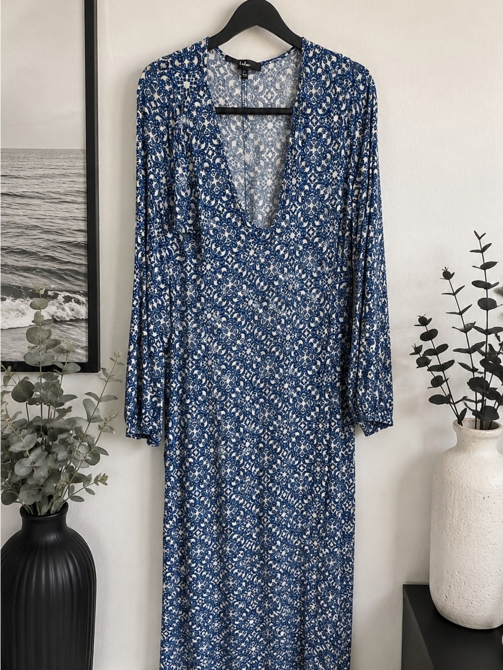 Lulu's Blue Printed Deep V Maxi Dress